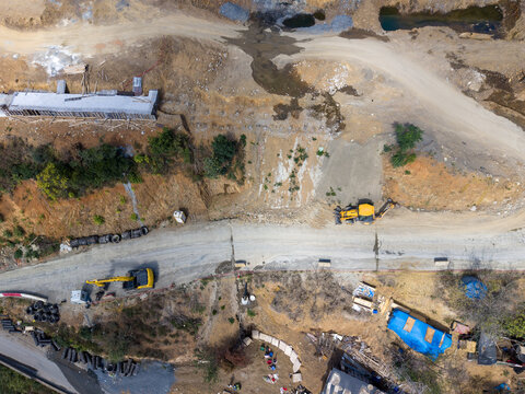 Aerial view of construction site with heavy machinery, excavators, and earthworks in progress in Istanbul, Istanbul, Turkiye.