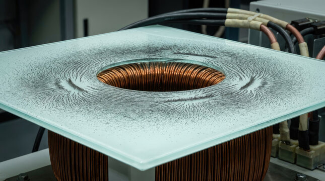 Magnetic field visualization with iron filings on glass surface above toroidal transformer