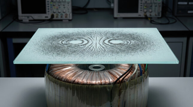 Magnetic field visualization with toroidal transformer and iron filings on glass