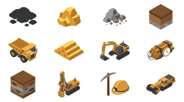 Minimalist Isometric of Mining Industry Elements with Various Equipment and Raw Materials with high quality professional line art symbols for modern creative design and digital branding projects