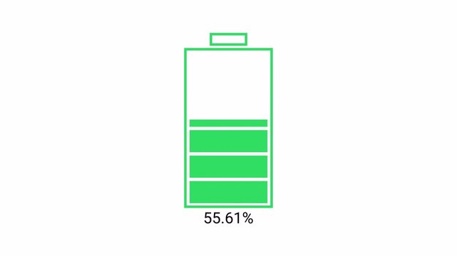 Mobile phone battery charging animation on transparent background, battery fast charging 4k animation, digital battery loading with alpha channel,  battery charge animation filling up from 0 to 100%