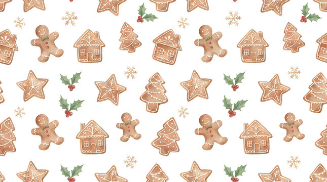 Gingerbread Cookies and Houses Watercolor Pattern. Festive Holiday Design, Sweet Treats Illustration