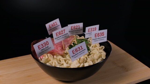 Instant noodles with sausage rotate on a wooden board with E330, E627, E451, E635 and E621 labels in it. Additive risk concept