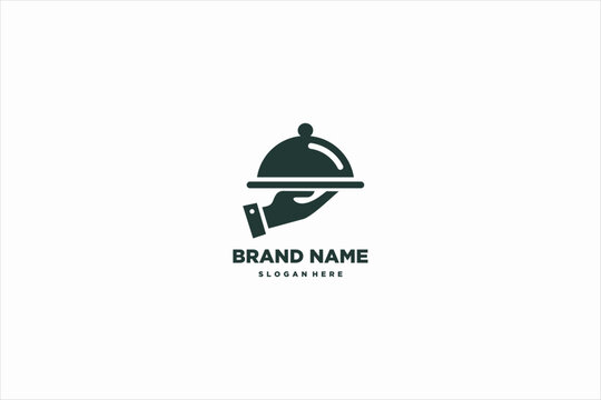 Waiter hand holding food cloche tray logo in solid black style. Vector illustration for restaurant, catering, and food service branding.