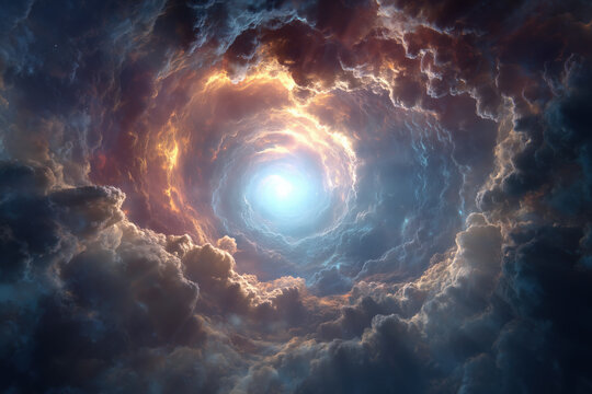 cloudscape tunnel of clouds in swirling vortex with blue light shining through, golden rim and dark surrounding billows, photorealistic