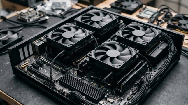 A powerful server cooling fan system is expertly installed inside a high-performance computer chassis on a workbench, showcasing advanced hardware components and internal wiring