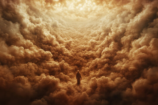 cloudscape tunnel of clouds with golden light shining through, lone robed figure standing among dense cream billows, photorealistic