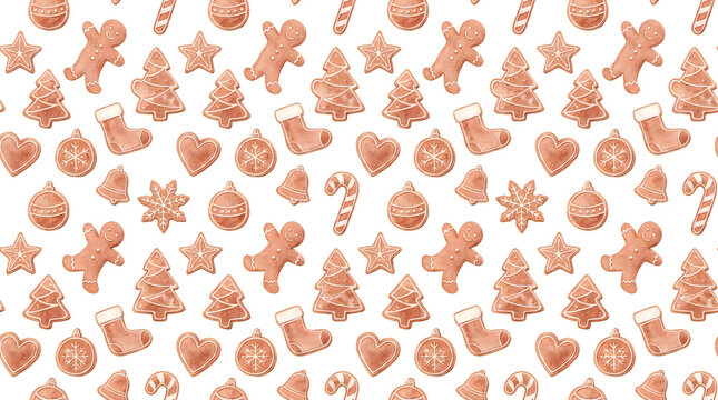 Gingerbread Cookies Pattern with Christmas Elements, Watercolor Style. Festive Holiday Background