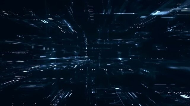 Luminous data streaks stream through a dark digital tunnel toward a central vanishing point. Technology presentations, cybersecurity media, and software promotional.