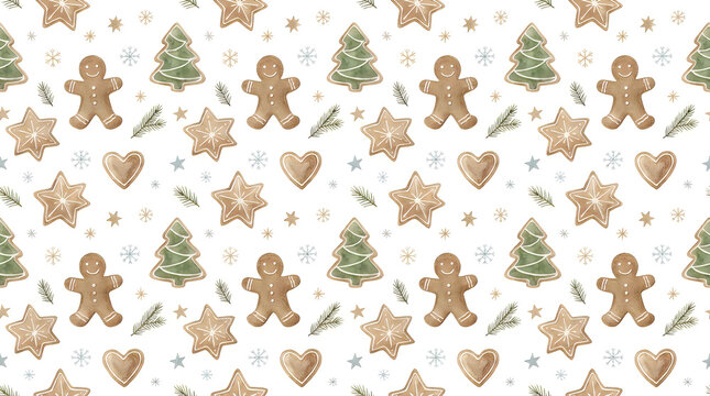 Gingerbread Cookies Pattern with Christmas Trees and Stars, Watercolor Style Featuring Tree, Star