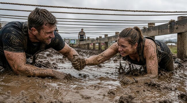 Obstacle course race participants in mud pit