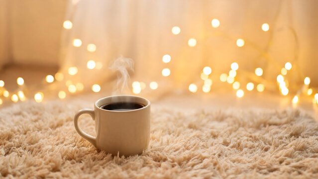 Steaming cup of coffee on a cozy rug with warm bokeh lights in the background