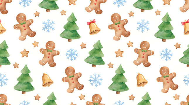 Gingerbread Cookies Pattern, Watercolor Festive Design, Christmas Illustration, Seamless Background, Holiday Concept.