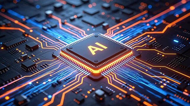 Circuit board with central AI chip and glowing orange blue electronic components close up view