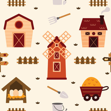 Seamless pattern with cute barn and farm house vector illustration