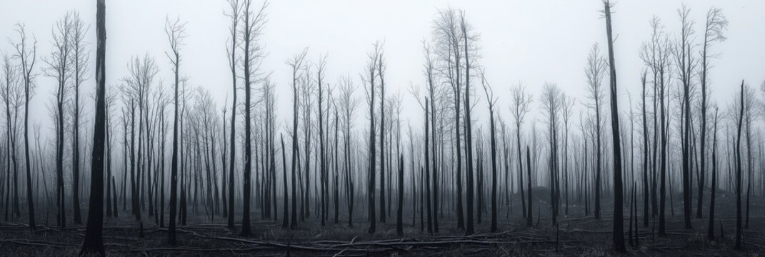 landscape black and white panorama with dead forest, sparse bare trunks fading into pale fog, photorealistic