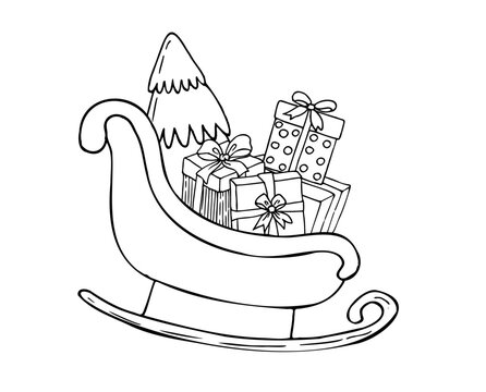 Vector Christmas sleigh with gift boxes and winter tree. Minimalist hand drawn graphic line art layout for New Year holiday design. Doodle winter transportation element isolated on white background fo