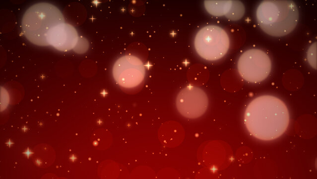 幻想的に輝く光の粒子と玉ボケが舞うダークレッドとゴールドの背景イラスト素材/ Abstract glowing particles and bokeh background on dark red and gold gradient