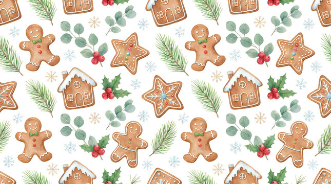 Gingerbread Cookies with Holiday Houses and Stars, Watercolor Festive Pattern Featuring Christmas, Baking