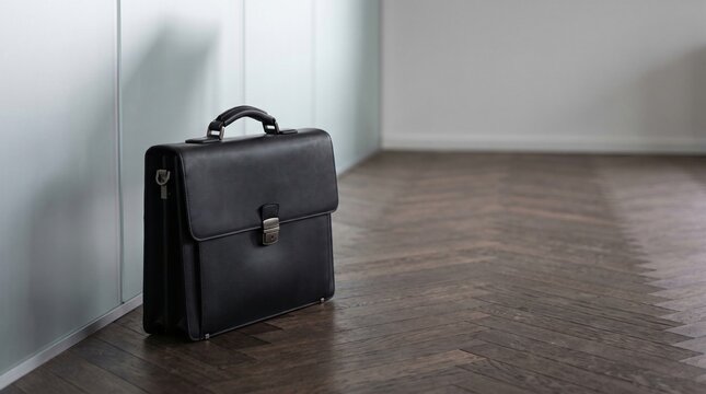 Matte Black Leather Briefcase Standing on Dark Herringbone Parquet Floor Beside Frosted Glass Partition, Commercial Still Life Executive Attache Bag Corporate Lawyer Career Accessories Copy Space