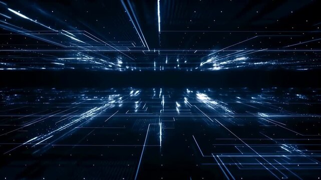 Blue luminous grid lines recede through a futuristic digital space toward a central vanishing point. Technology presentations, data science media, and cybersecurity content.