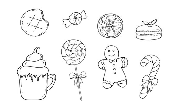 Vector Christmas sweets set with hand drawn holiday desserts. Minimalist graphic line art candy collection for New Year celebration isolated on white. Doodle bakery elements, pudding, candy cane, cupc
