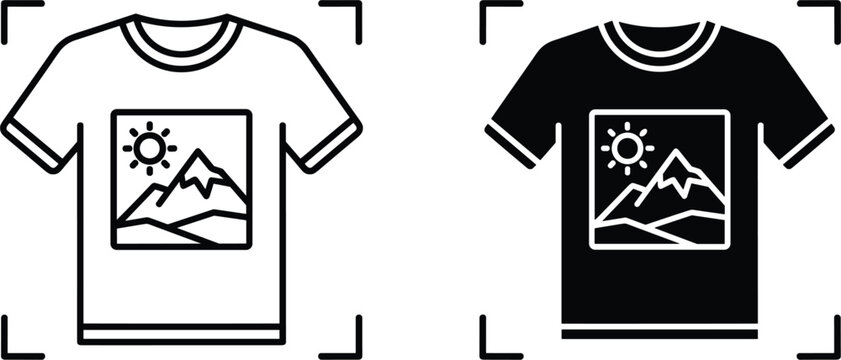 Custom t shirt print preview vector icon set with landscape graphic placeholder linear and silhouette clothing template