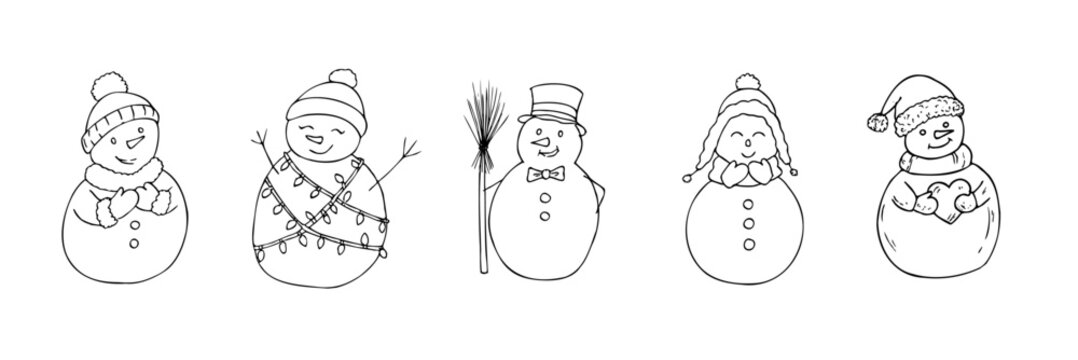 Vector cute snowman set with 5 hand drawn Christmas characters. Minimalist graphic line art collection for winter holidays isolated on white. Doodles in scarfs, hats and earmuffs with coffee cup for N