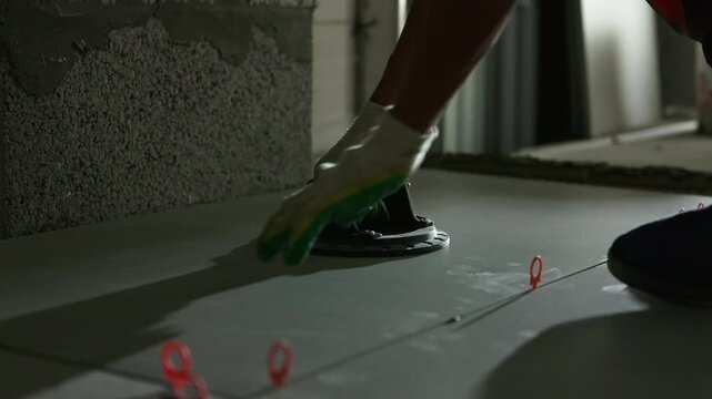 Worker laying floor tile using vacuum suction cup