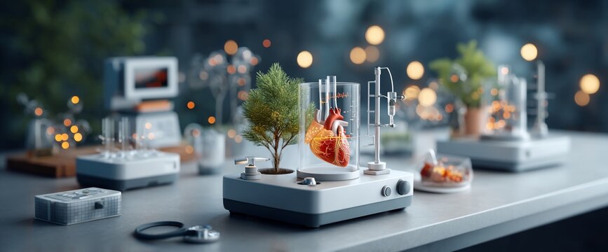 Lab setting. Biological heart in glass container, with a tree, alongside medical equipment. Soft focus, bokeh