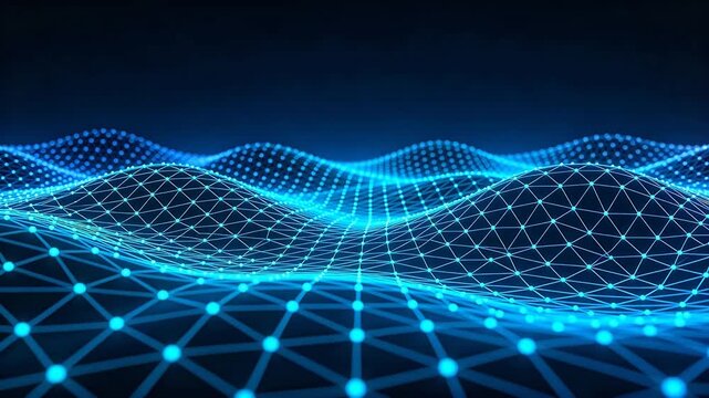 Abstract digital wave network with blue to red gradient dots and lines on dark background
