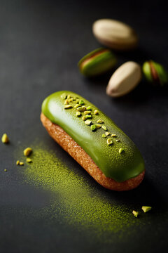 Pistachio-glazed eclair topped with pistachio halves and matcha powder dusting