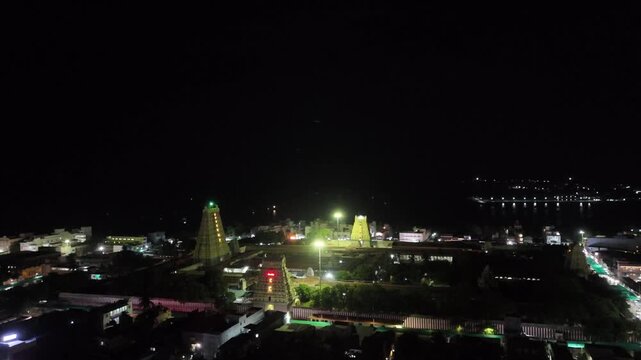 Aerial Night View of Ramanathaswamy Temple and Rameswaram Coast Tamil Nadu India