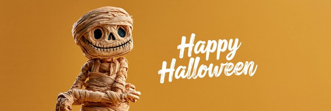 Little mummy wrapped in fabric bandages stands against orange background, Halloween celebration banner