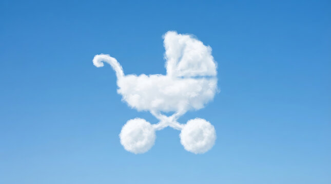 Dreamlike cloud formation shaped like a classic baby stroller floating serenely in a vast blue sky, symbolizing new beginnings