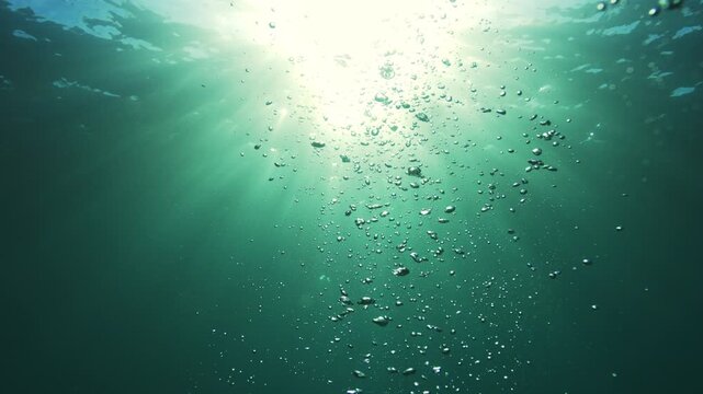 Air bubbles rise toward bright sunlight filtering through turquoise seawater underwater