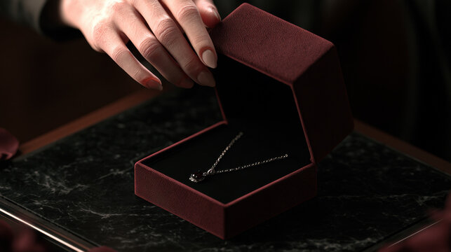 Woman opening a burgundy velvet jewelry box with a delicate silver necklace and dark gemstone on black marble in a dramatic luxury setting