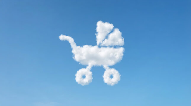 White baby stroller shaped cloud floating in a clear blue sky background concept