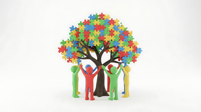 Diverse Group of People Holding Up a Vibrant Tree Made of Colorful Jigsaw Puzzle Pieces Concept