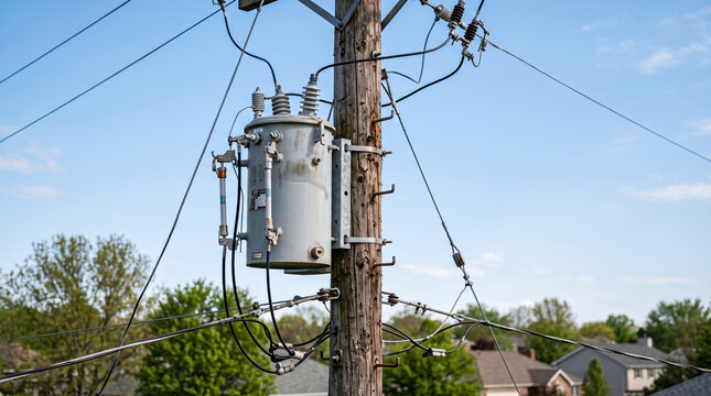Pole-mounted electrical transformer on utility pole, power distribution equipment and grid infrastructure