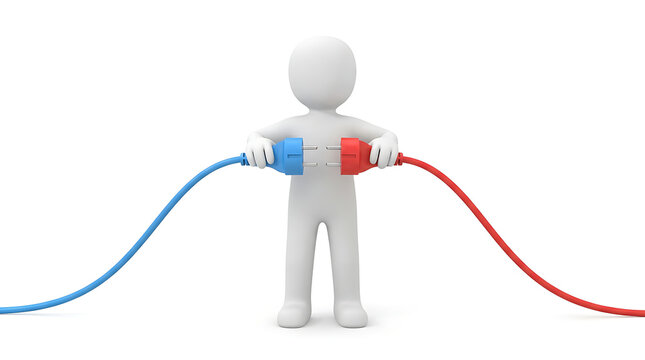 3D White Character Holding Red and Blue Power Plugs for Energy Synergy and Connection