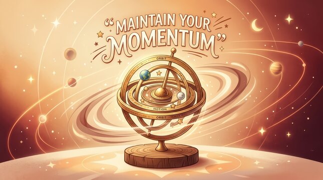 Maintain Your Momentum Motivational Quote with Vintage Brass Armillary Sphere Illustration