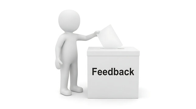 White 3D figure inserting a paper sheet into a feedback box for survey collection
