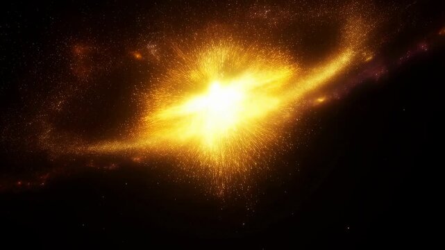 Golden particle burst radiates through dark abstract space. Title sequence, science presentation, and technology opener.