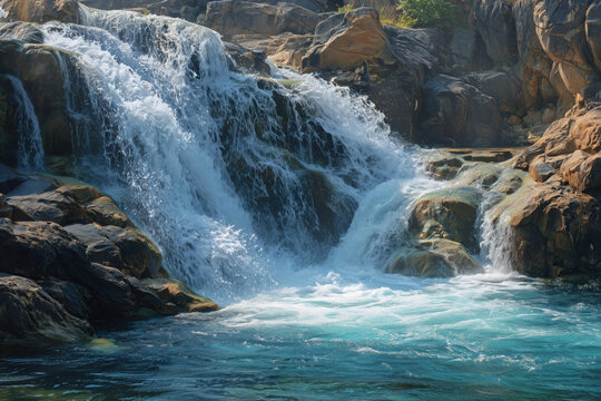 landscape with broad rocky waterfall flowing into a bright turquoise pool, photorealistic AHT