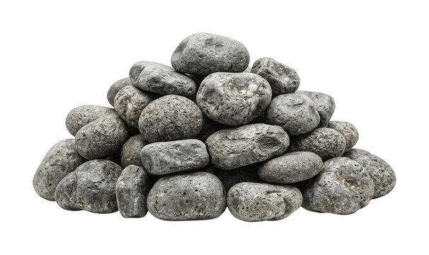A large pile of textured grey river stones isolated on transparent png for garden design