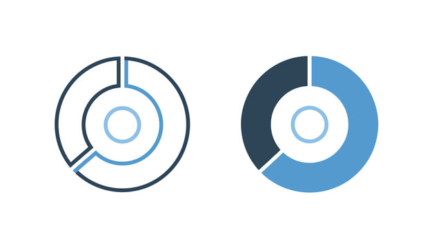 Concentric circular pie charts in blue and dark grey represent nested data metrics for business reporting slides.