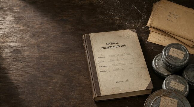 Archival preservation logbook with dust and scratch texture