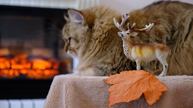 In a cozy room, a cat is lounging by the fireplace. The warm, dancing flames cast a gentle glow on the walls and highlight the cat&rsquo;s fur. The cat looks utterly relaxed, Autumn atmospheric mood