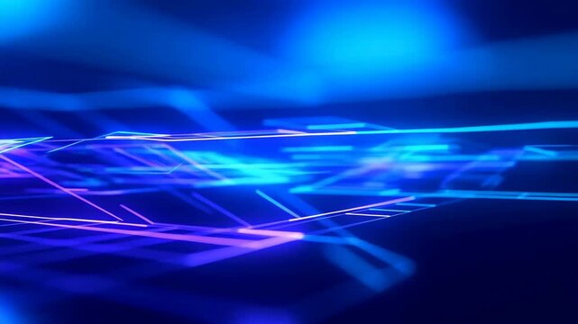 Glowing geometric neon lines flow through a dark digital field. Technology presentations, digital product branding, and website hero sections.